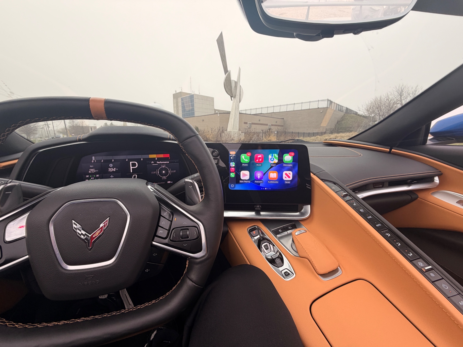Corvette C8 cockpit with natural tan leather interior